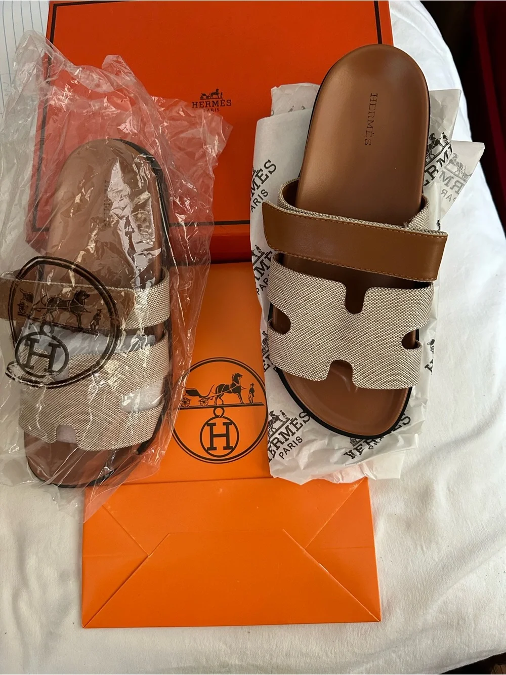 Hermes Brown/Tan Oran Canvas Slide Sandals